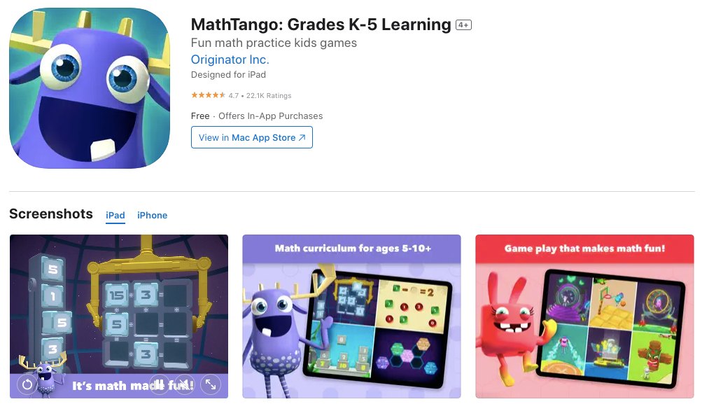 App store page of MathTango