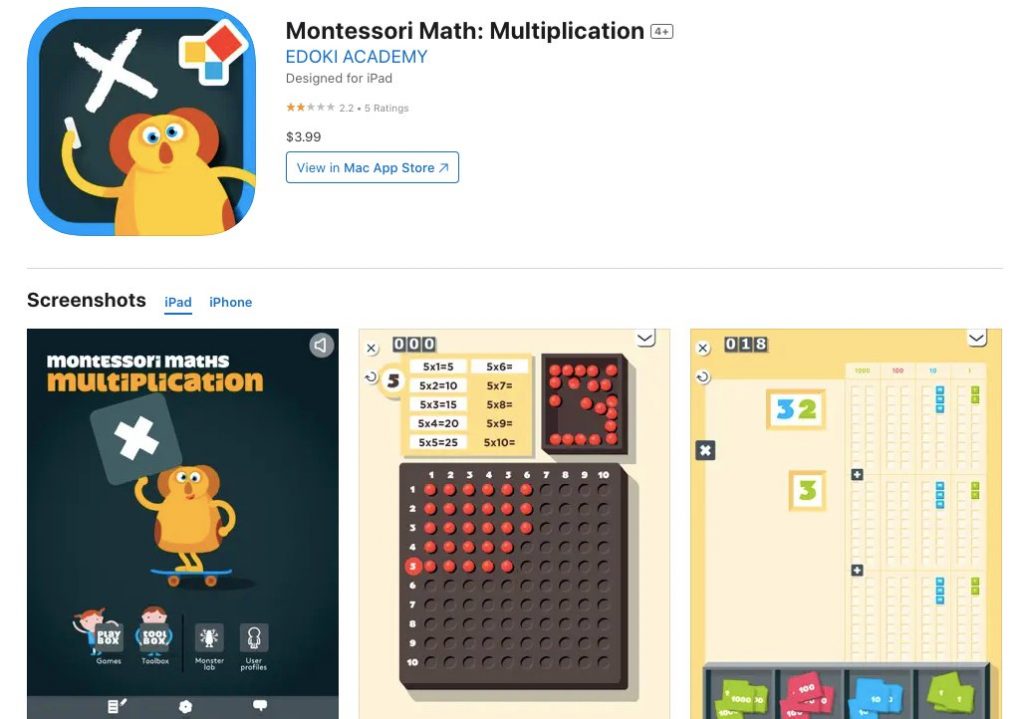 App store page of Montessori Maths Multiplication