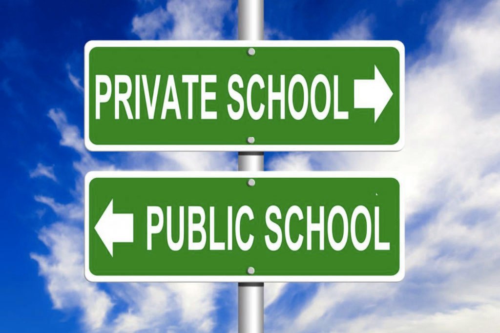 Two boards with public and private school written
