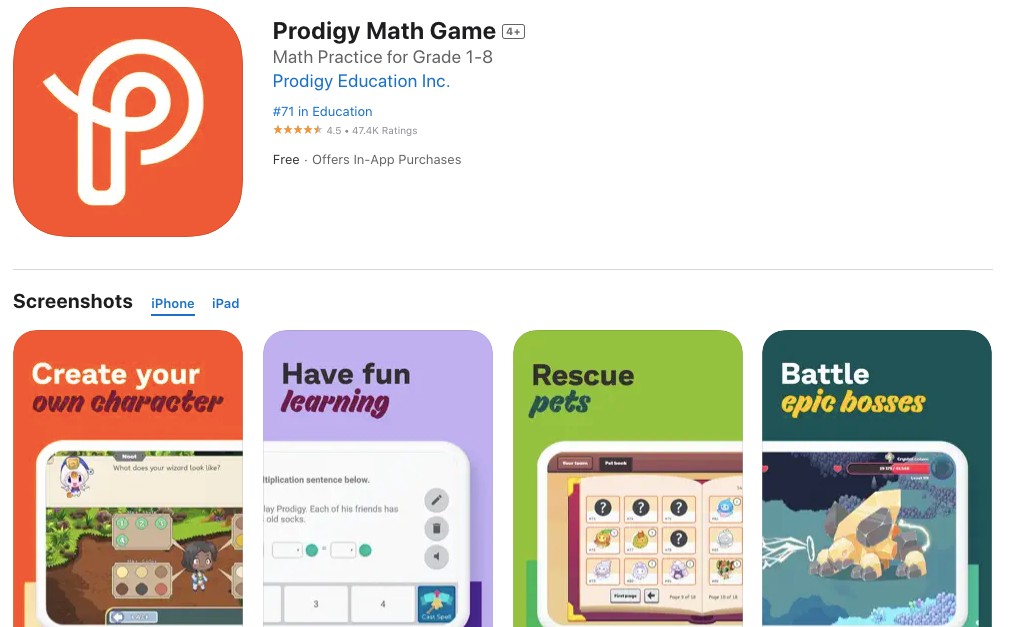 App store page of Prodigy Math