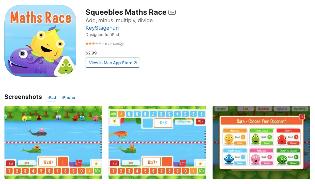 App store page of Squeebles Maths Race