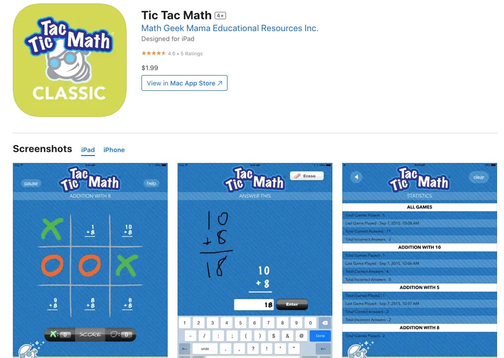 App store page of Tic Tac Math