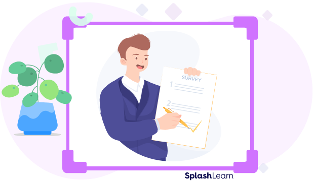 Illustration of a man holding up a sheet with a questionnaire Illustration of a man holding up a sheet with a questionnaire
