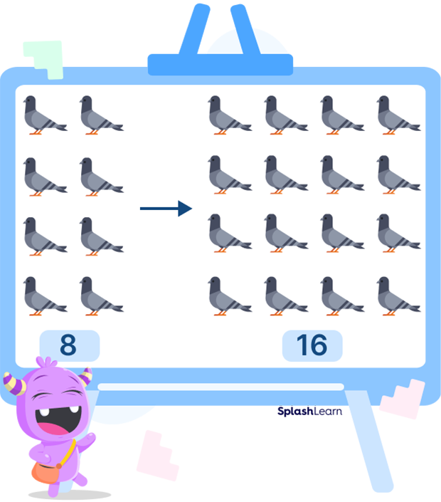 The double of 8 pigeons is 16 pigeons