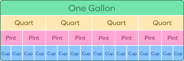 One gallon comparison with quart, pint, and cup