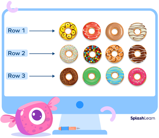 Donuts arranged in 3 rows