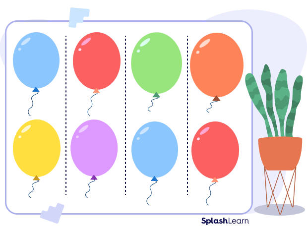 Four equal shares of 8 balloons