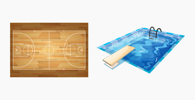A swimming pool and a basketball court