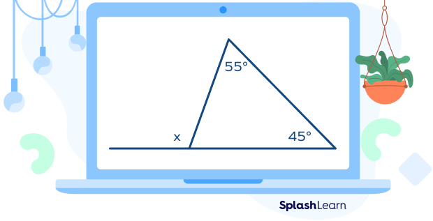 A triangle with an exterior angle x and remote interior angles 55° and 45° A triangle with an exterior angle x and remote interior angles 55° and 45°