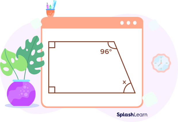 a quadrilateral with two right angles, a 96 degree angle, and one missing interior angle a quadrilateral with two right angles, a 96 degree angle, and one missing interior angle
