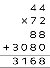 72 multiplied by 44 using long multiplication 72 multiplied by 44 using long multiplication
