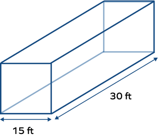 A square prism with height 30 ft and side of the base 15 ft A square prism with height 30 ft and side of the base 15 ft
