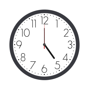 Analog clock showing 5 o’clock