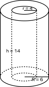 Hollow cylinder with R = 6, r = 4, h = 14