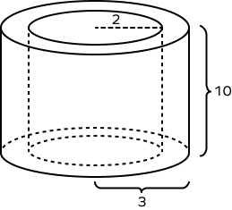 Hollow cylinder with radii 3 and 2 units