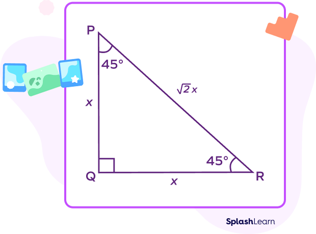 45°-45°-90° triangle PQR with legs x and hypotenuse 2x