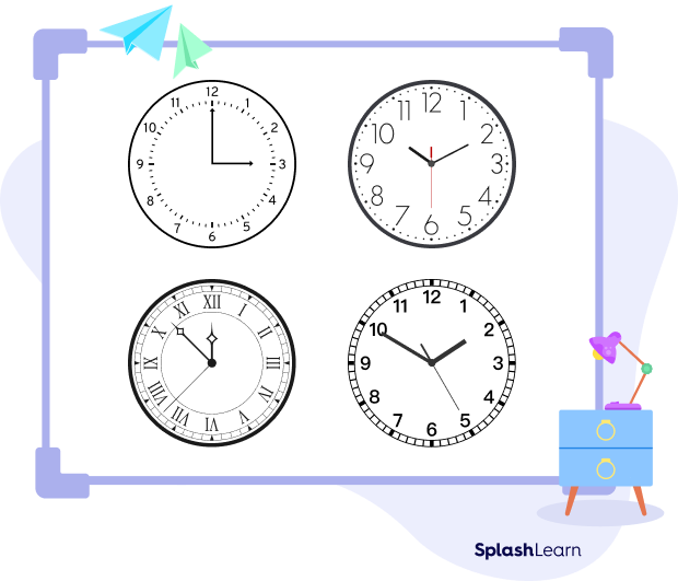 Different analog clock faces or dials