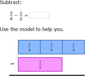 Subtracting unlike fractions ¾ and ½ - visual explanation