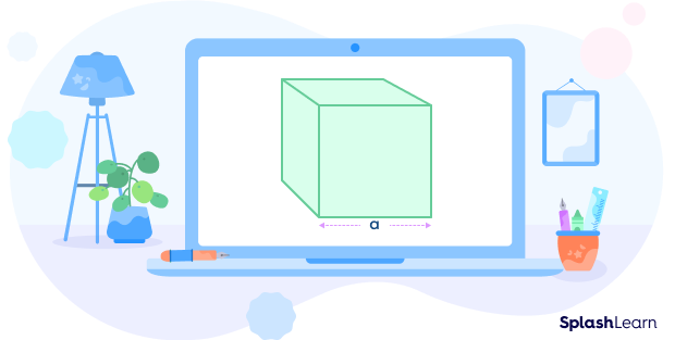 A solid cube with marked side length