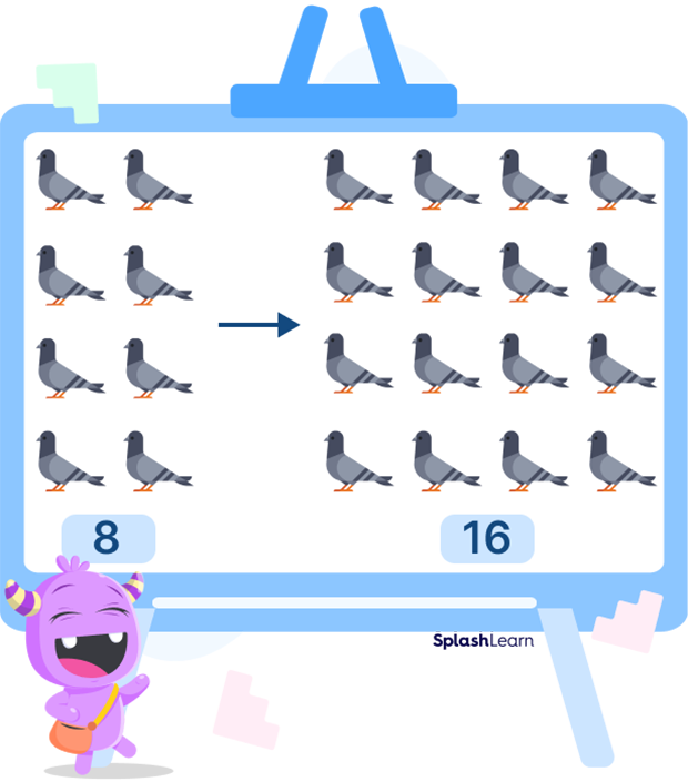 The double of 8 pigeons is 16 pigeons