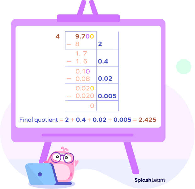 Dividing decimals using partial quotients (9.7 divided by 4)